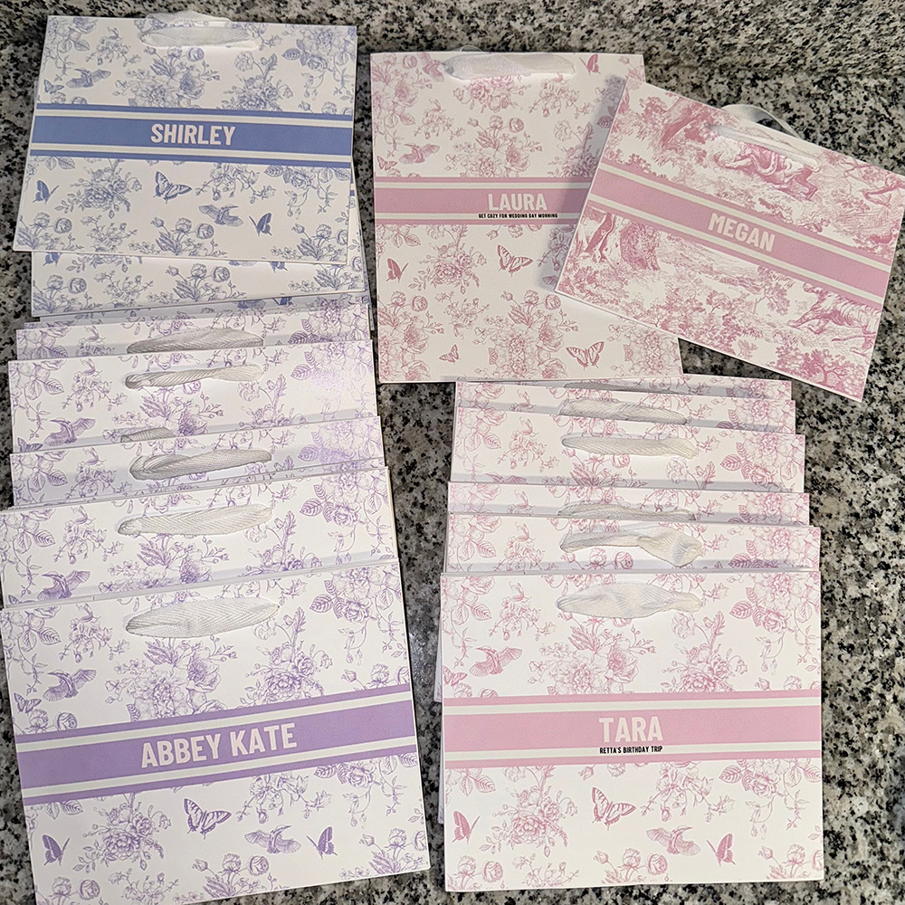 Personalized Toile De Jouy Favor Goodie Paper Bags with Ribbon Handles, Custom Gift Bags Wrapping Package, Wedding Favor Bridesmaids Proposal Godparent Bridal Baby Shower Birthday Bachelorette Party Gift Packing