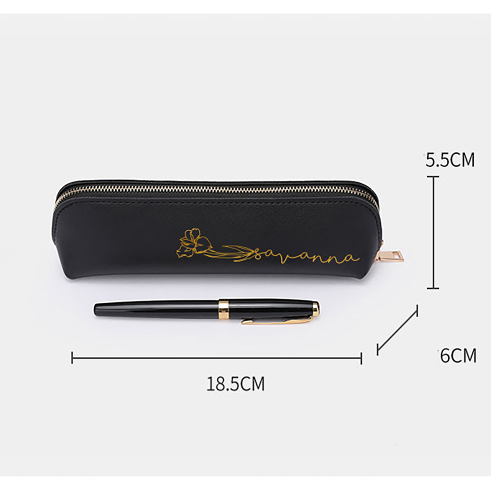 Personalized Birth Month Flower Vegan Leather Pencil Case Makeup Brush Bag with Name, Custom Minimalism Message Pencil Case, Back to School Teacher Appreciation Gift for Students