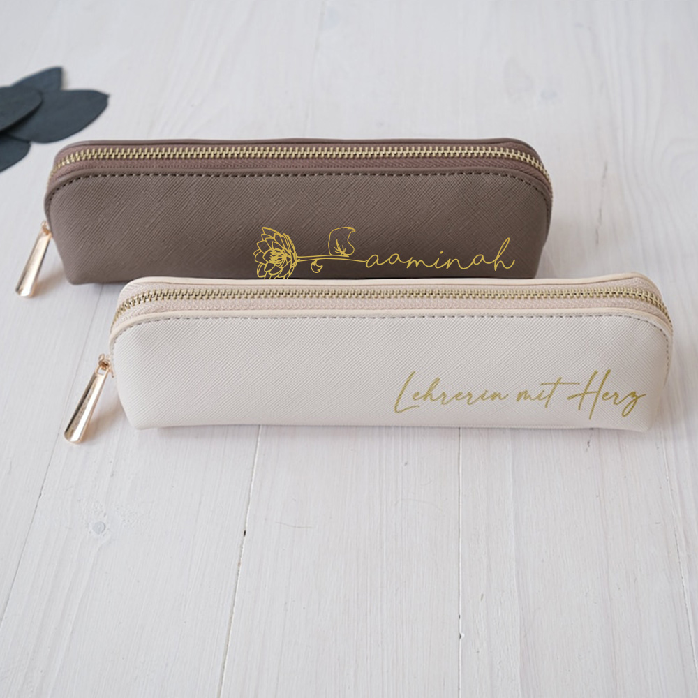 Personalized Birth Month Flower Vegan Leather Pencil Case Makeup Brush Bag with Name, Custom Minimalism Message Pencil Case, Back to School Teacher Appreciation Gift for Students