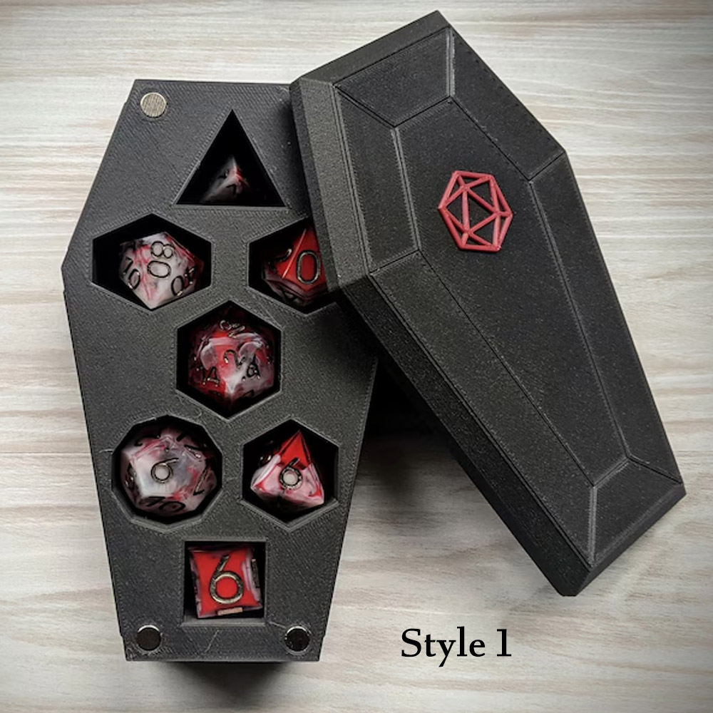 Coffin Dice Vault, Customizable Color Scheme and Lid Designs, Magnetic Lid and Storage for One Set of Polyhedral RPG Dice