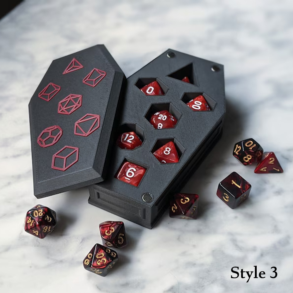 Coffin Dice Vault, Customizable Color Scheme and Lid Designs, Magnetic Lid and Storage for One Set of Polyhedral RPG Dice