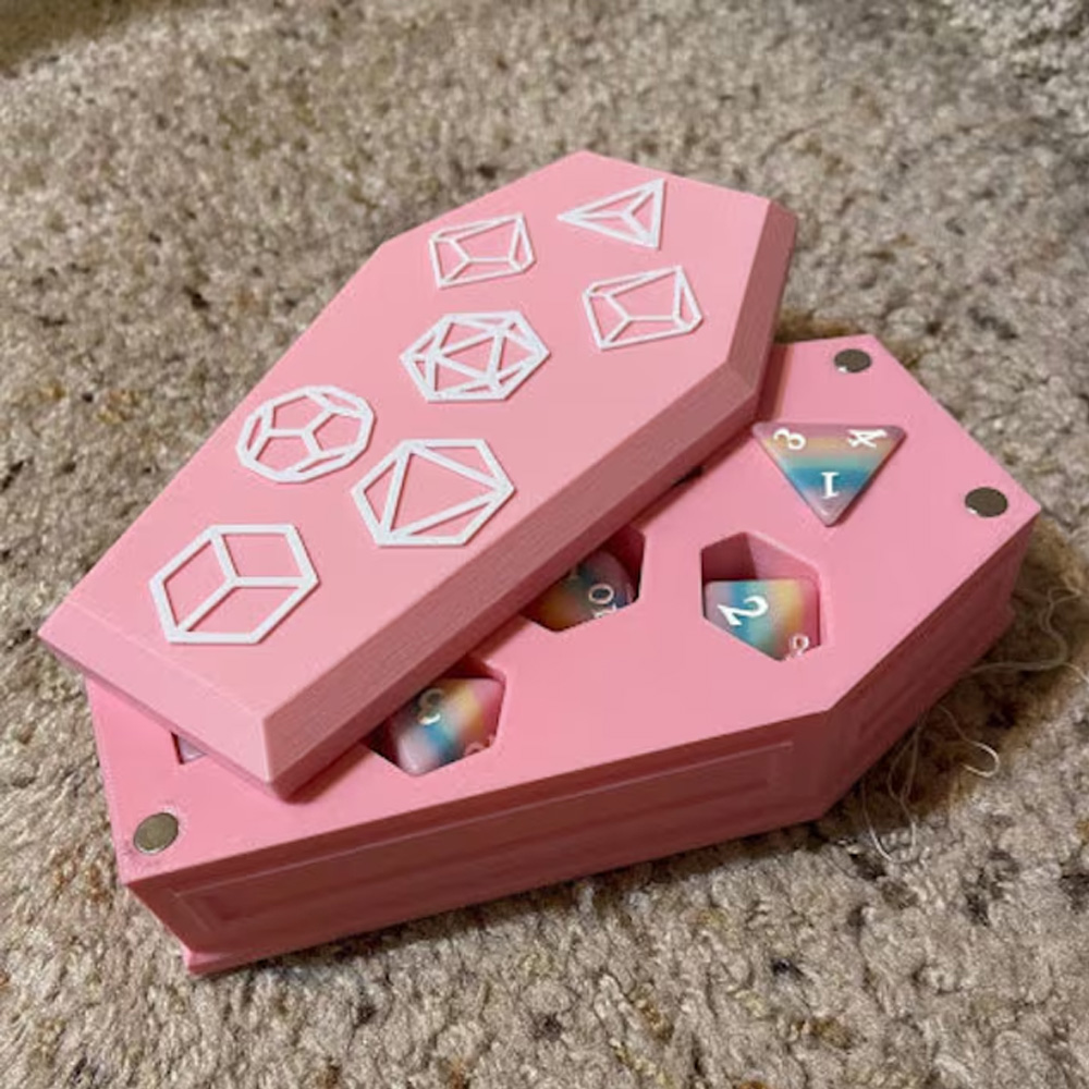 Coffin Dice Vault, Customizable Color Scheme and Lid Designs, Magnetic Lid and Storage for One Set of Polyhedral RPG Dice