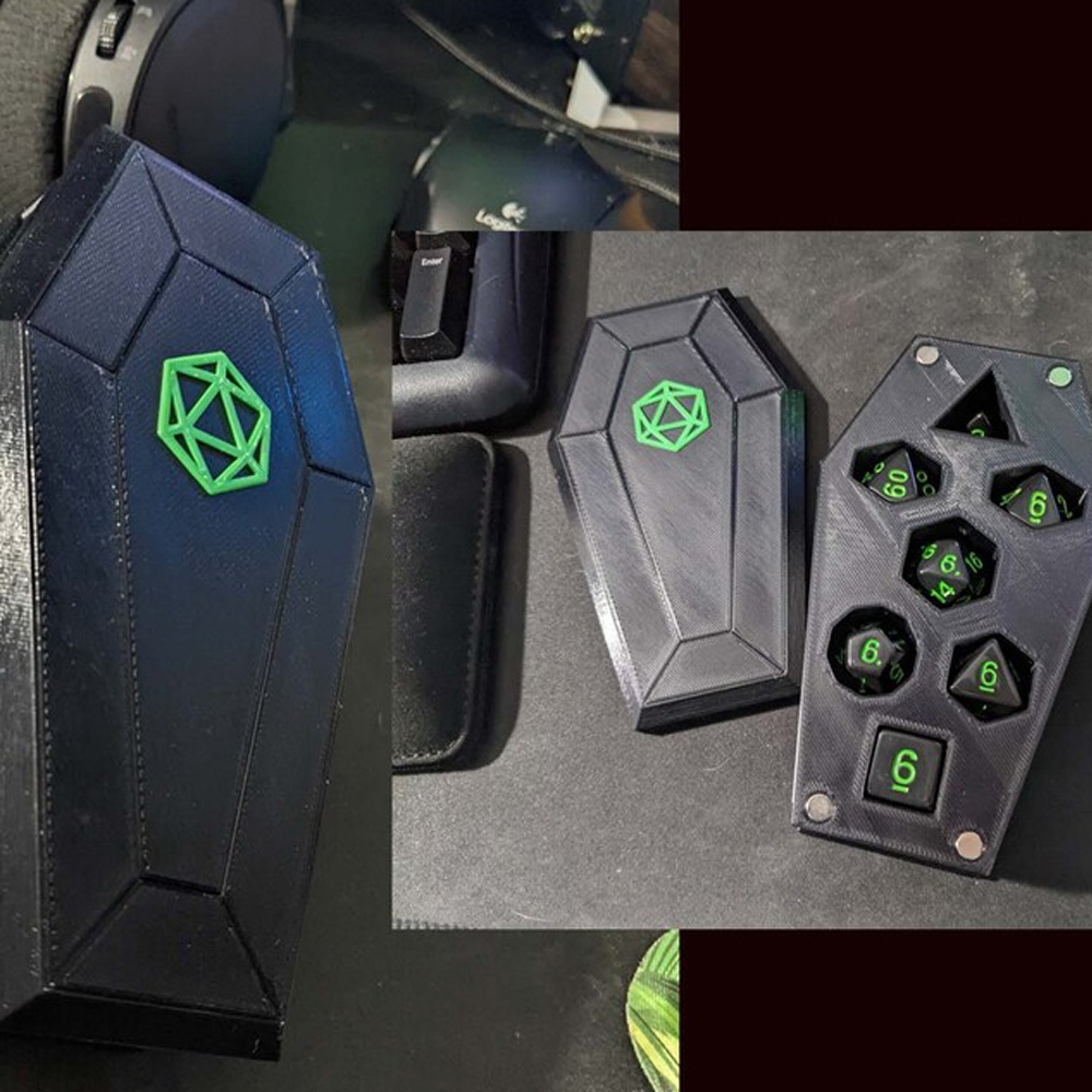 Coffin Dice Vault, Customizable Color Scheme and Lid Designs, Magnetic Lid and Storage for One Set of Polyhedral RPG Dice