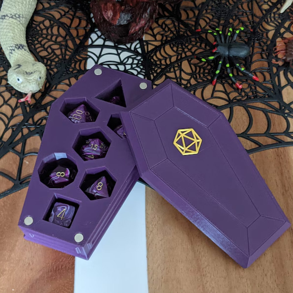 Coffin Dice Vault, Customizable Color Scheme and Lid Designs, Magnetic Lid and Storage for One Set of Polyhedral RPG Dice