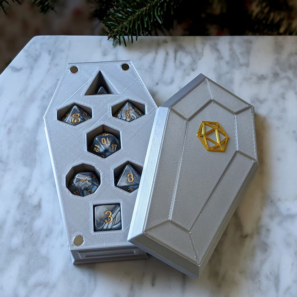 Coffin Dice Vault, Customizable Color Scheme and Lid Designs, Magnetic Lid and Storage for One Set of Polyhedral RPG Dice