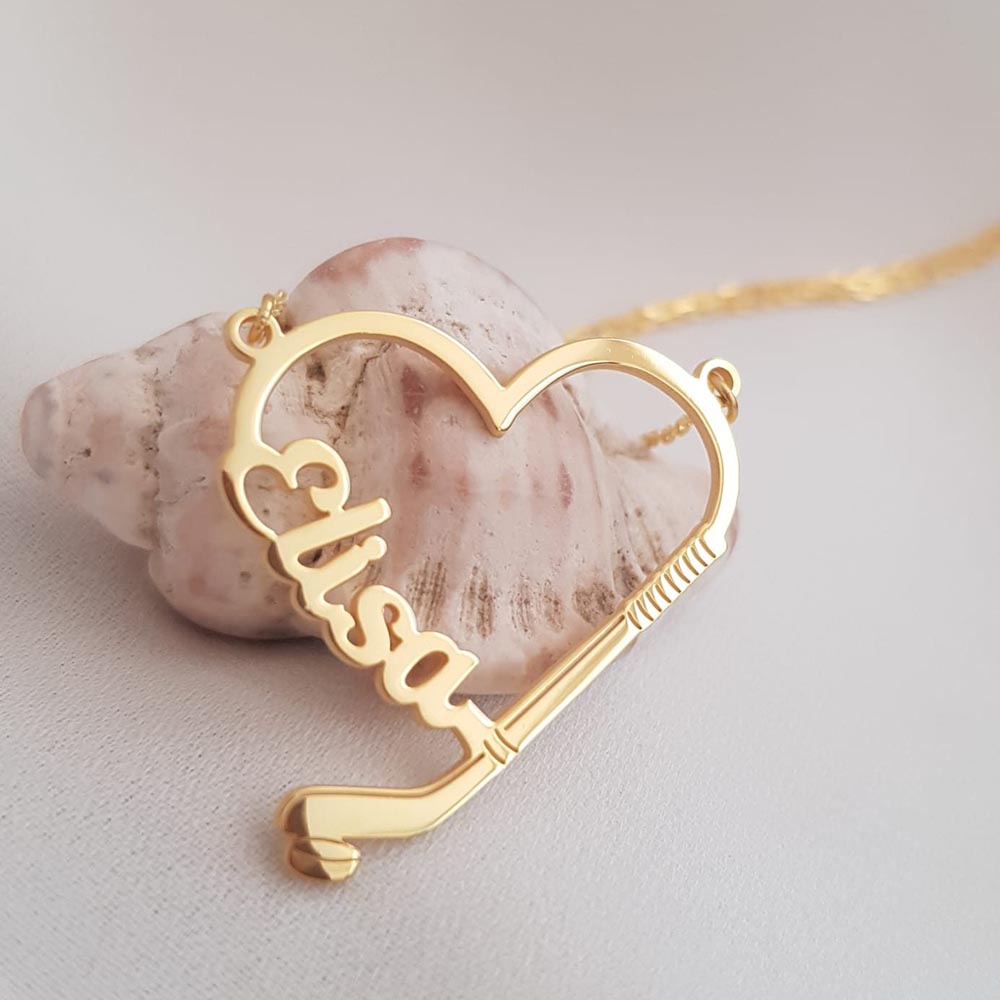 Custom Hockey Necklace, Hockey Heart Name Necklace, Gold Name Jewellry, Hockey Team Gift, Silver Hockey Player Gift