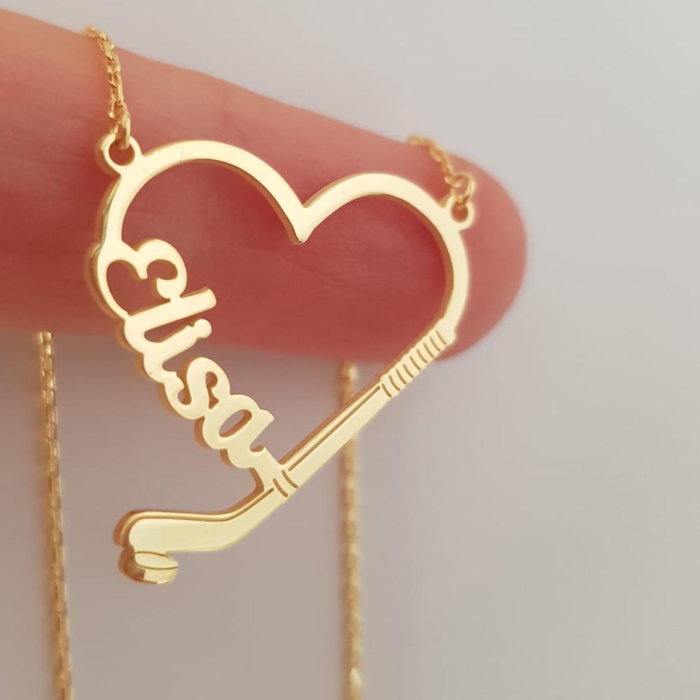 Custom Hockey Necklace, Hockey Heart Name Necklace, Gold Name Jewellry, Hockey Team Gift, Silver Hockey Player Gift
