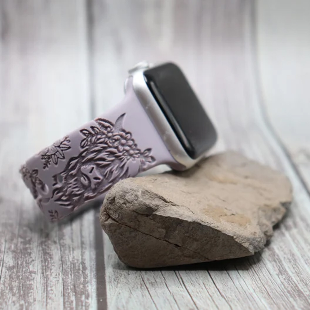 Personalized Highland Cow Watch Band for Apple/Samsung/Fitbit Watch, Silicone Cow Print Stuff Western Decor with Name, Gifts for Her/Woman/Girl/Mom