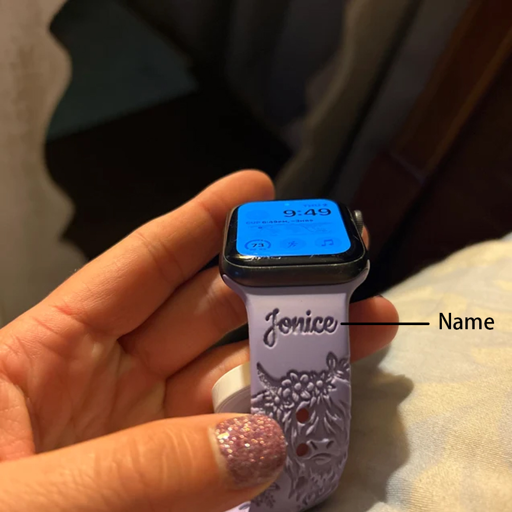 Personalized Highland Cow Watch Band for Apple/Samsung/Fitbit Watch, Silicone Cow Print Stuff Western Decor with Name, Gifts for Her/Woman/Girl/Mom