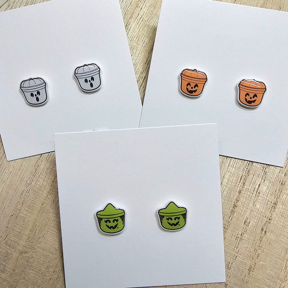 Halloween Bucket Earrings, Hypoallergenic Titanium Posts, McWitch McGhost McPumpkin Earrings, Women Stud Earrings Scary Spooky Season, Halloween Gift for Her