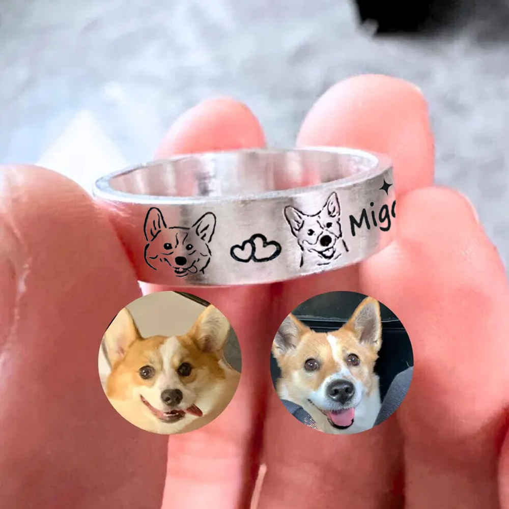 Custom Pet Photo Engrave Ring, Pet Portrait Custom Ring, Pet Jewelry, Memorial Ring, Christmas Gift, Handmade Jewelry, Gift for Pet Love