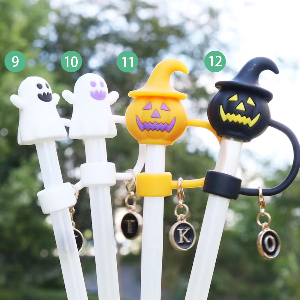 Personalized Halloween Ghost Pumpkin Straw Cap Topper, Tumbler Drink Cover Accessories with Letter Charm, Cute Halloween Gifts for Woman Man Kids