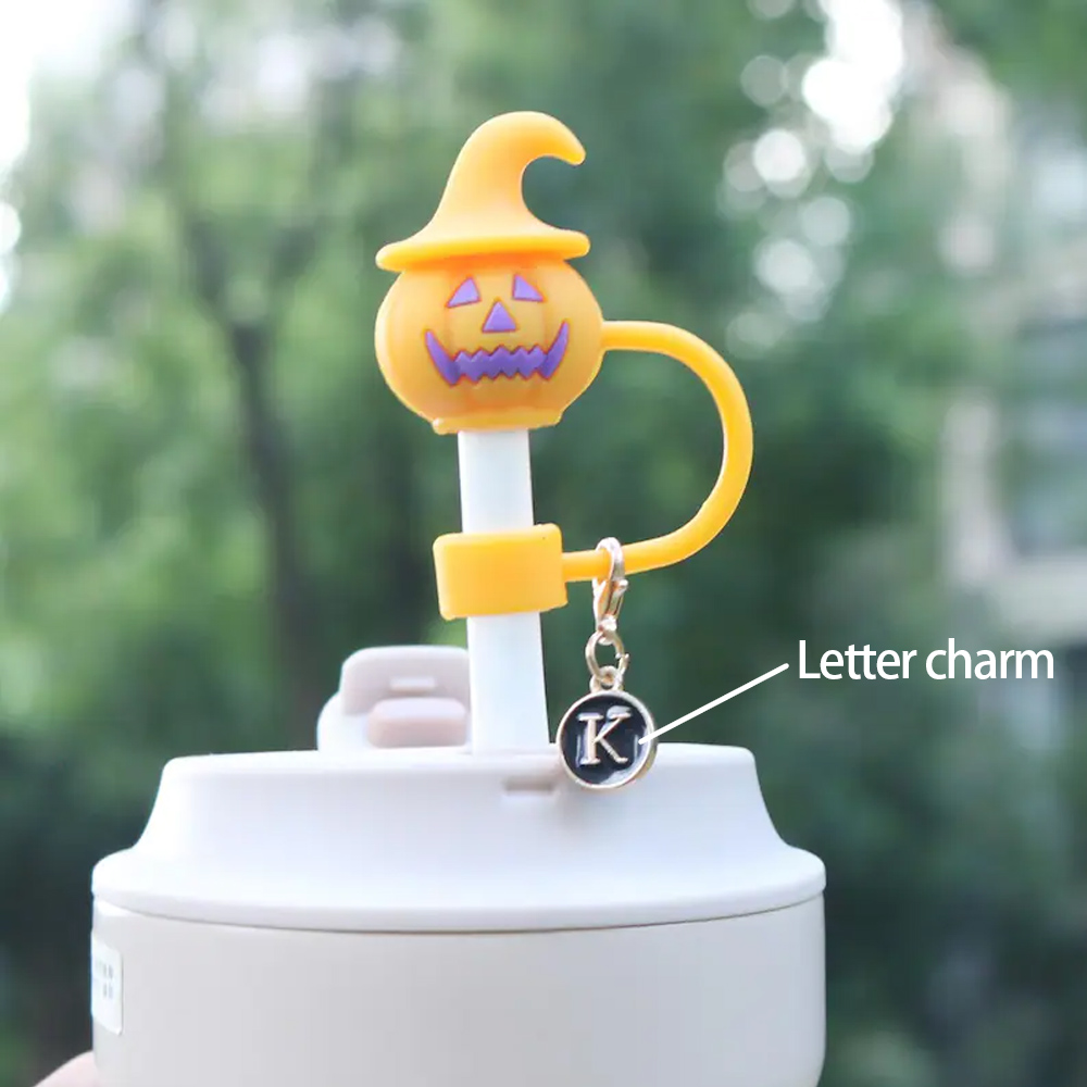 Personalized Halloween Ghost Pumpkin Straw Cap Topper, Tumbler Drink Cover Accessories with Letter Charm, Cute Halloween Gifts for Woman Man Kids