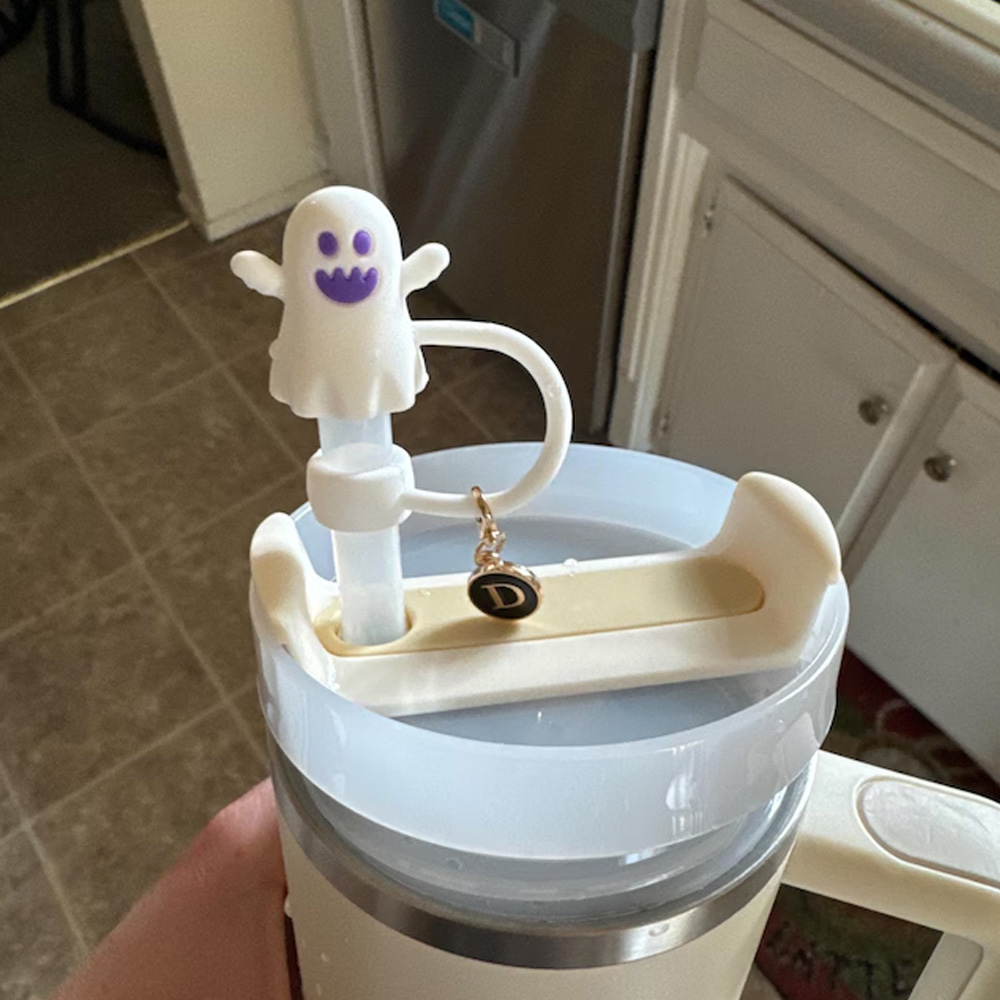 Personalized Halloween Ghost Pumpkin Straw Cap Topper, Tumbler Drink Cover Accessories with Letter Charm, Cute Halloween Gifts for Woman Man Kids