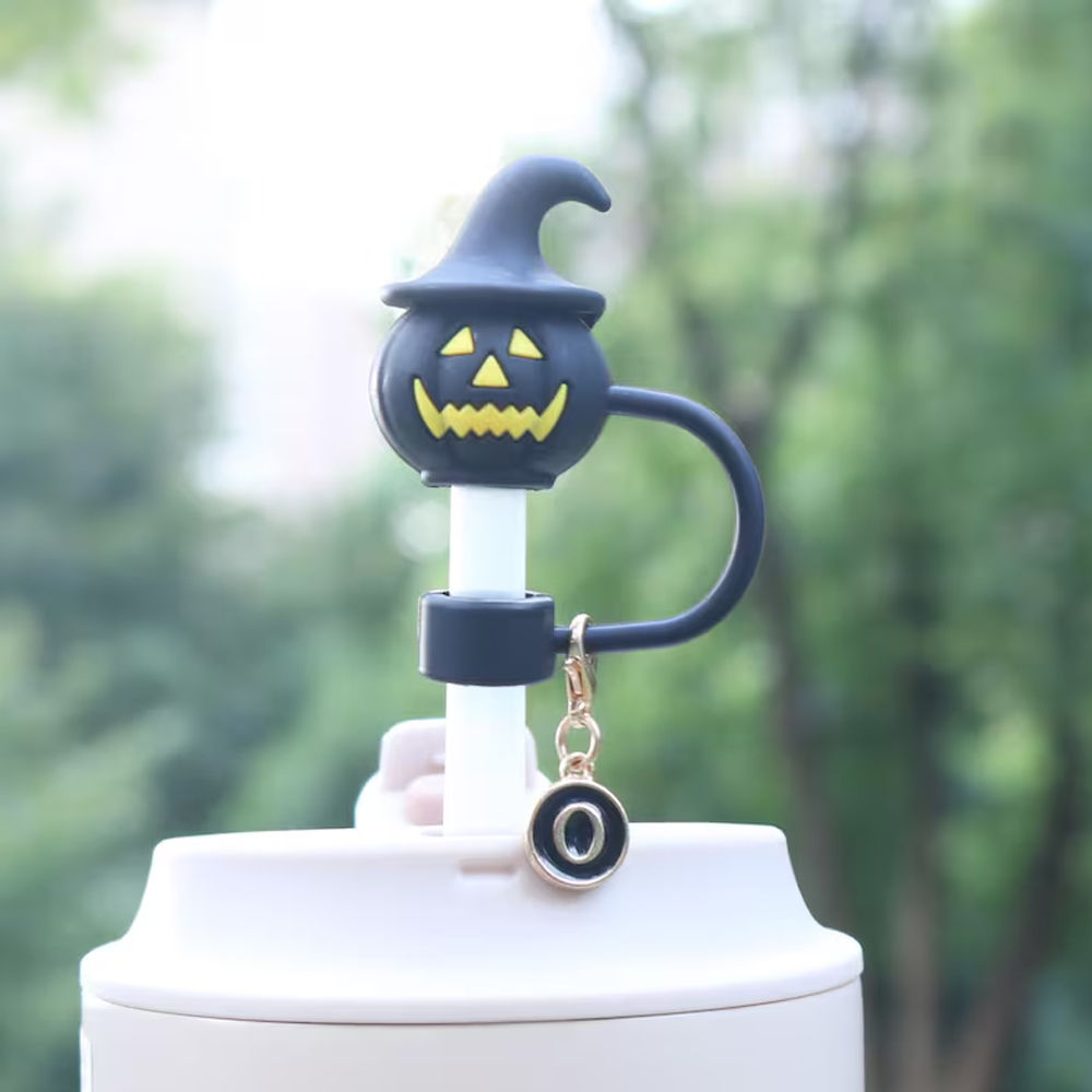 Personalized Halloween Ghost Pumpkin Straw Cap Topper, Tumbler Drink Cover Accessories with Letter Charm, Cute Halloween Gifts for Woman Man Kids