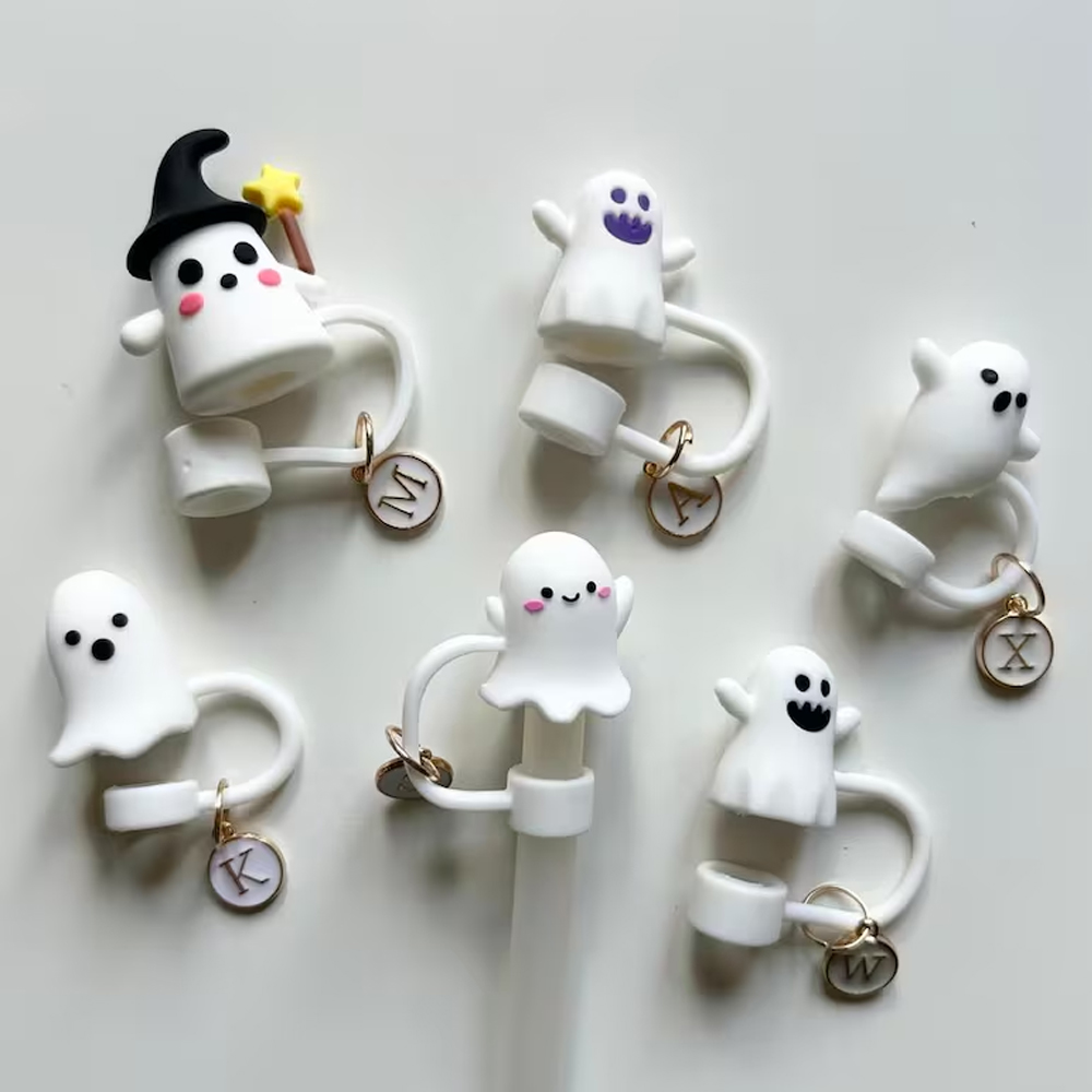 Personalized Halloween Ghost Pumpkin Straw Cap Topper, Tumbler Drink Cover Accessories with Letter Charm, Cute Halloween Gifts for Woman Man Kids