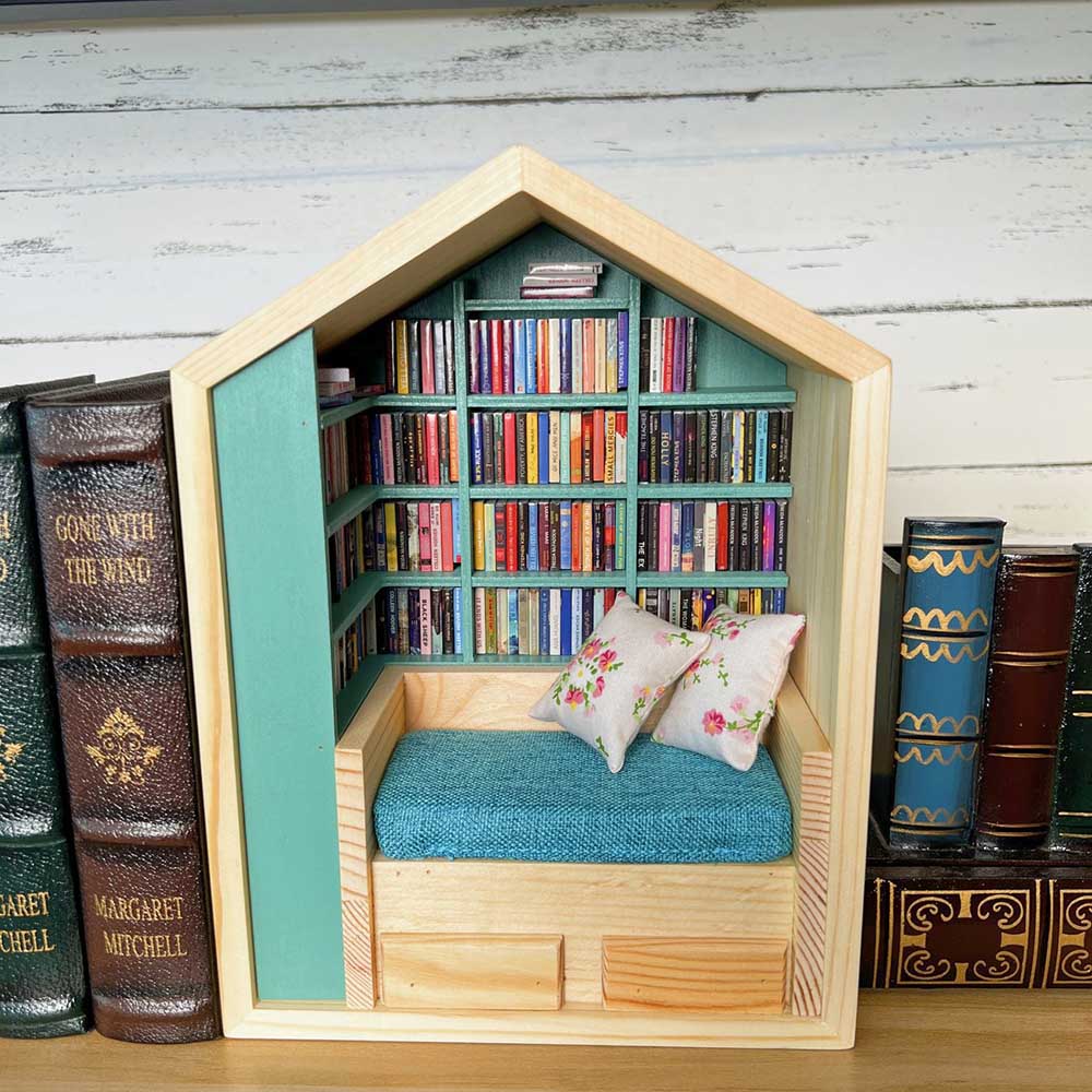 Anxiety Bookroom, Shake Away Your Anxiety, Handcrafted Mini Room Box Detailed Wooden Scene with 260+ Mini Books and 2 Cushions