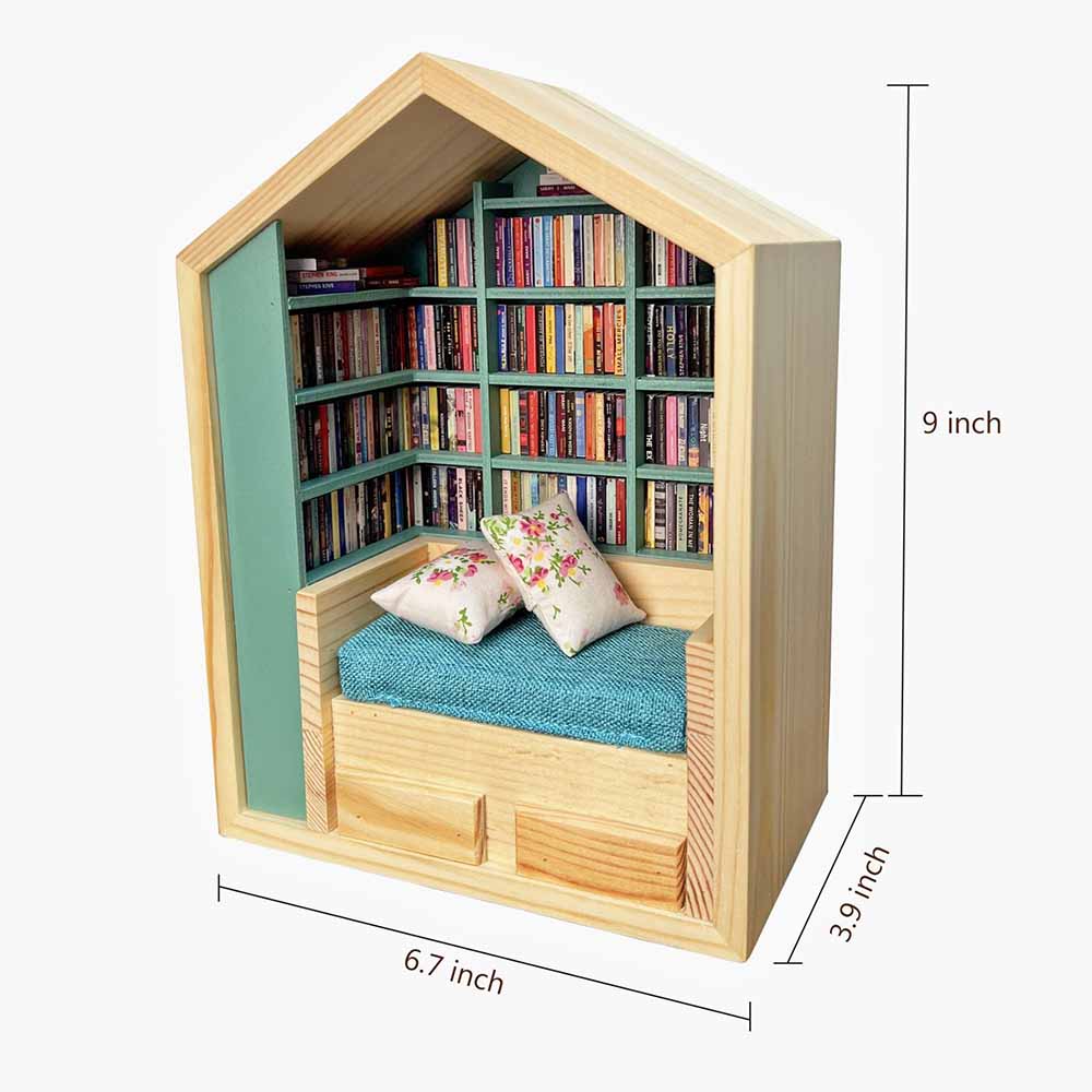Anxiety Bookroom, Shake Away Your Anxiety, Handcrafted Mini Room Box Detailed Wooden Scene with 260+ Mini Books and 2 Cushions