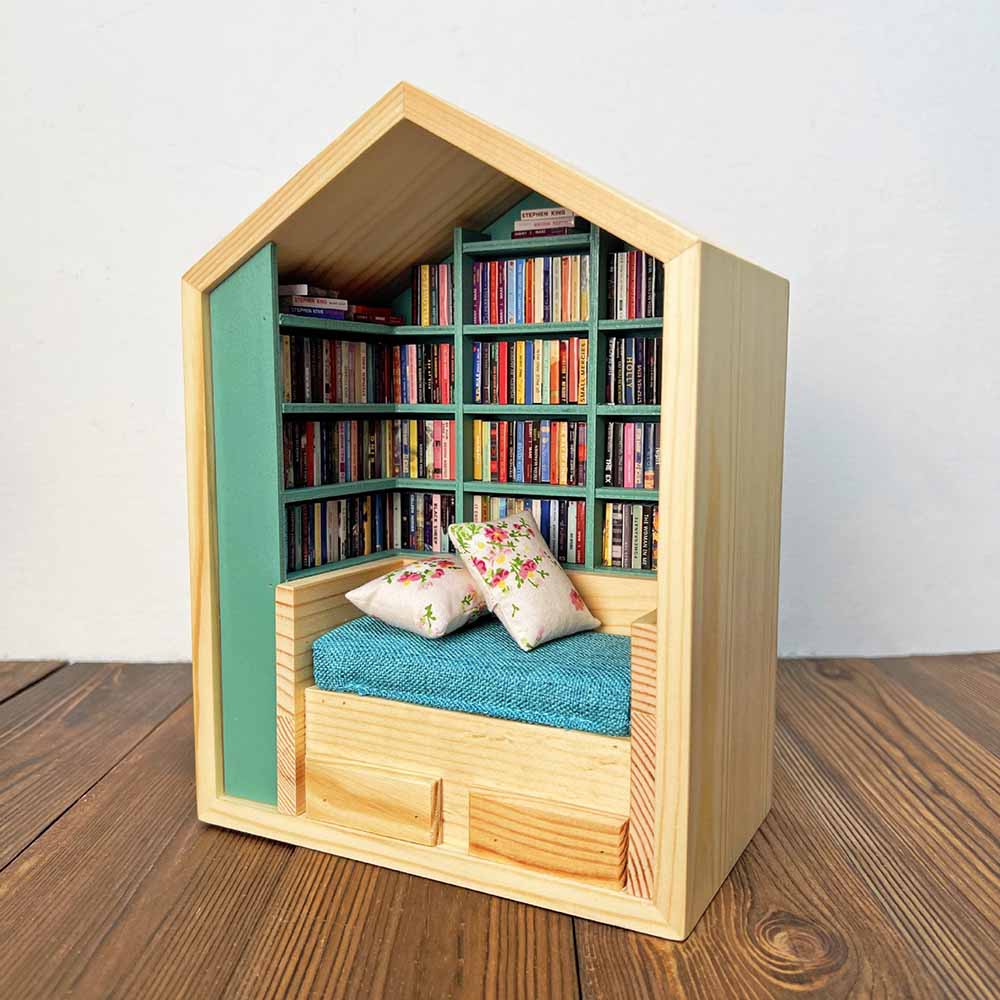 Anxiety Bookroom, Shake Away Your Anxiety, Handcrafted Mini Room Box Detailed Wooden Scene with 260+ Mini Books and 2 Cushions