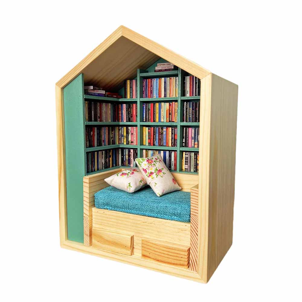 Anxiety Bookroom, Shake Away Your Anxiety, Handcrafted Mini Room Box Detailed Wooden Scene with 260+ Mini Books and 2 Cushions