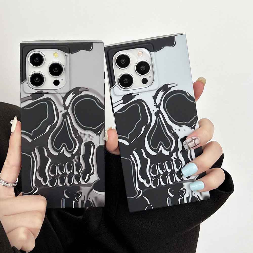 Square Skull Print Cool Case for iPhone 13 14 15 Pro Max, Fun and Skull Gothic Halloween Design, Slim and Sleek One Piece, Slim Case Cases