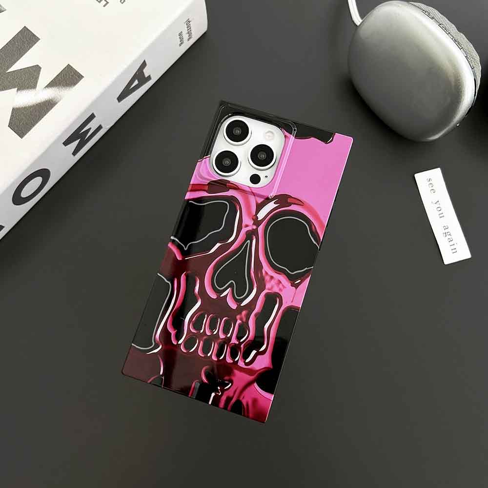 Square Skull Print Cool Case for iPhone 13 14 15 Pro Max, Fun and Skull Gothic Halloween Design, Slim and Sleek One Piece, Slim Case Cases