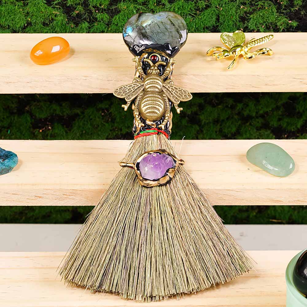 Natural Crystal Magic Broom, Mini Witch Broom, Crystal Witch Wiccan Altar Broom, Magic Ceremony Decor, Handmade Reiki Broomstick for Cleansing Healing Fengshui
