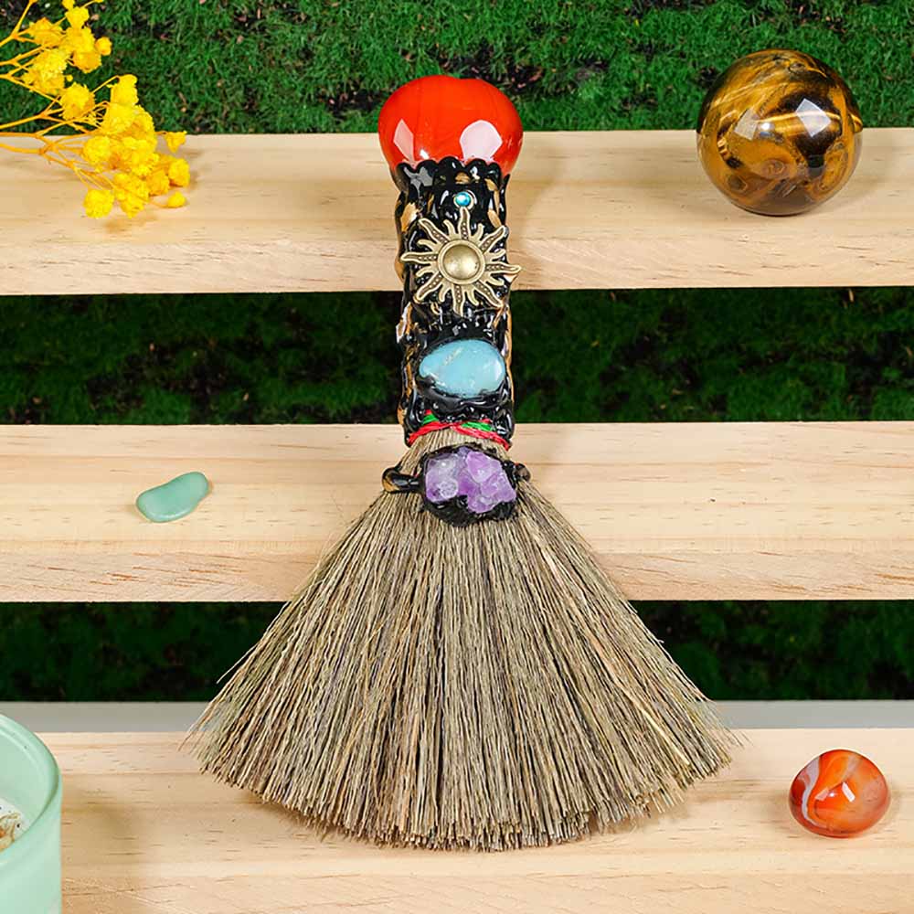 Natural Crystal Magic Broom, Mini Witch Broom, Crystal Witch Wiccan Altar Broom, Magic Ceremony Decor, Handmade Reiki Broomstick for Cleansing Healing Fengshui