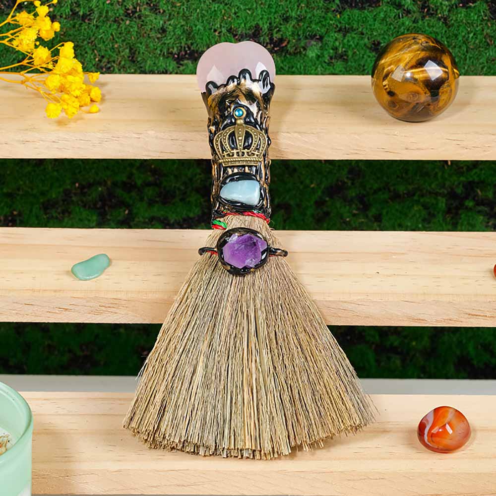 Natural Crystal Magic Broom, Mini Witch Broom, Crystal Witch Wiccan Altar Broom, Magic Ceremony Decor, Handmade Reiki Broomstick for Cleansing Healing Fengshui