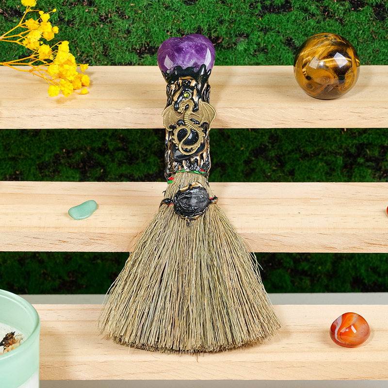 Natural Crystal Magic Broom, Mini Witch Broom, Crystal Witch Wiccan Altar Broom, Magic Ceremony Decor, Handmade Reiki Broomstick for Cleansing Healing Fengshui