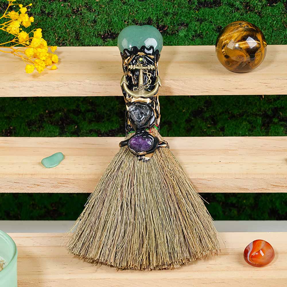 Natural Crystal Magic Broom, Mini Witch Broom, Crystal Witch Wiccan Altar Broom, Magic Ceremony Decor, Handmade Reiki Broomstick for Cleansing Healing Fengshui