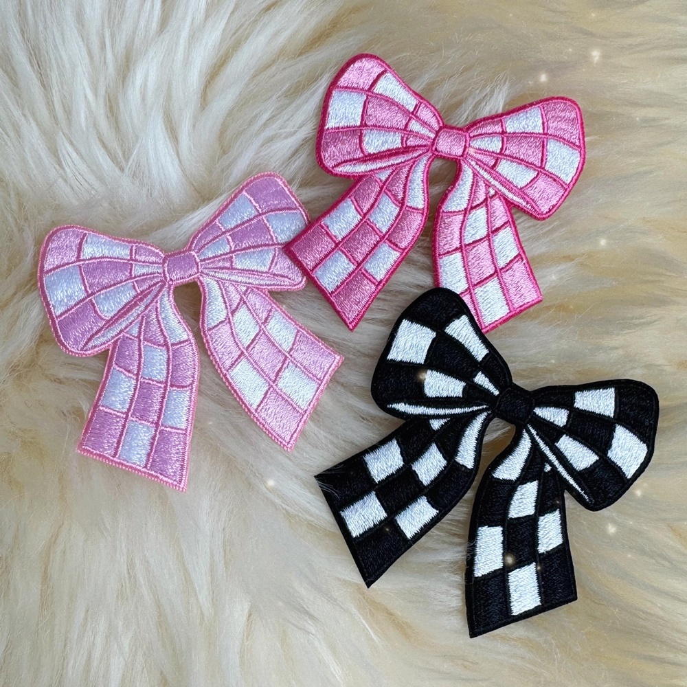 (Set of 3) Multicolor Dainty Coquette Bow Patch Fluffy Checkered Ribbon Cherry Strawberry Bow Embroidered Iron on Patch, Balletcore Aesthetic Patch for Clothing Hat Jacket