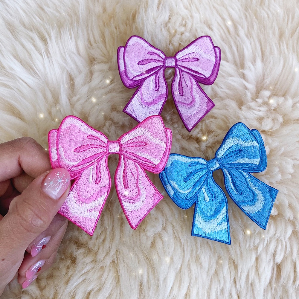 (Set of 3) Multicolor Dainty Coquette Bow Patch Fluffy Checkered Ribbon Cherry Strawberry Bow Embroidered Iron on Patch, Balletcore Aesthetic Patch for Clothing Hat Jacket