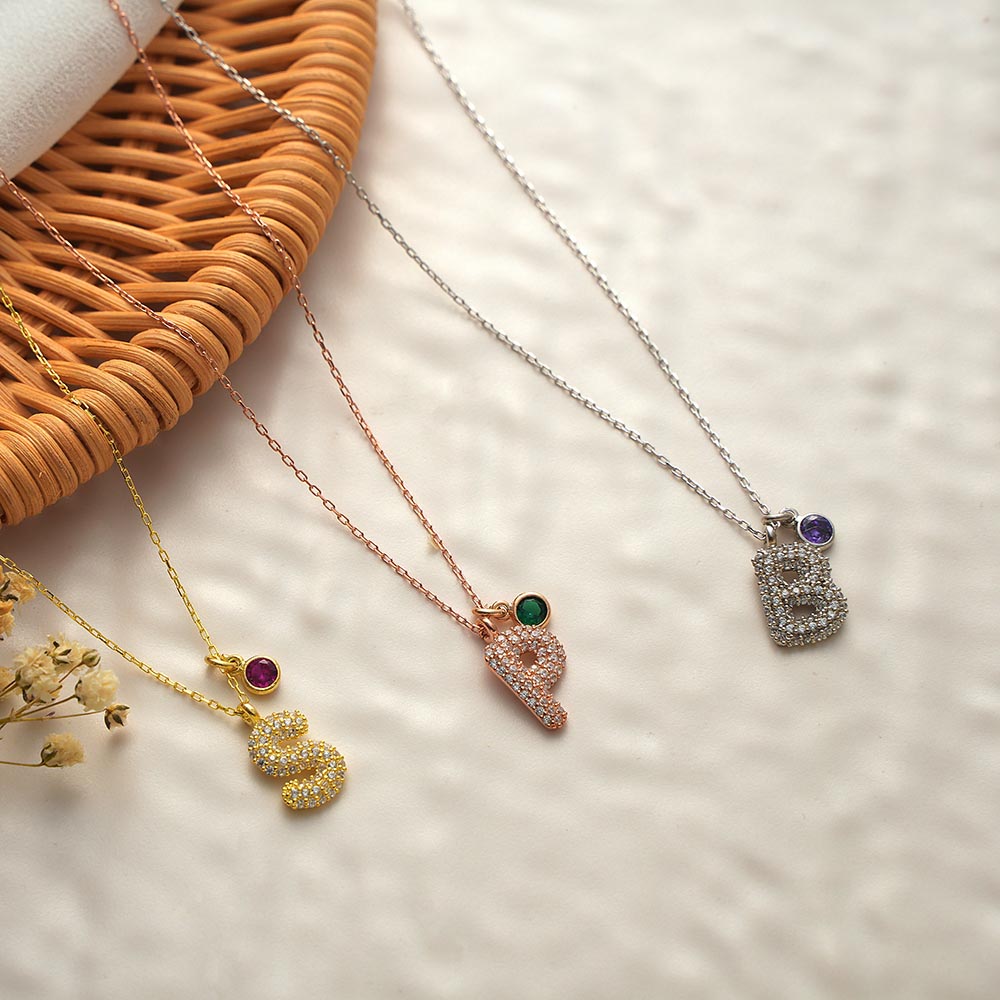Pave Letter Necklace, Puff Letter Necklace, Zircon Stone 3D Letter Necklace, Birth Stone Letter Necklace, Birthday Gift, Personalized Gift