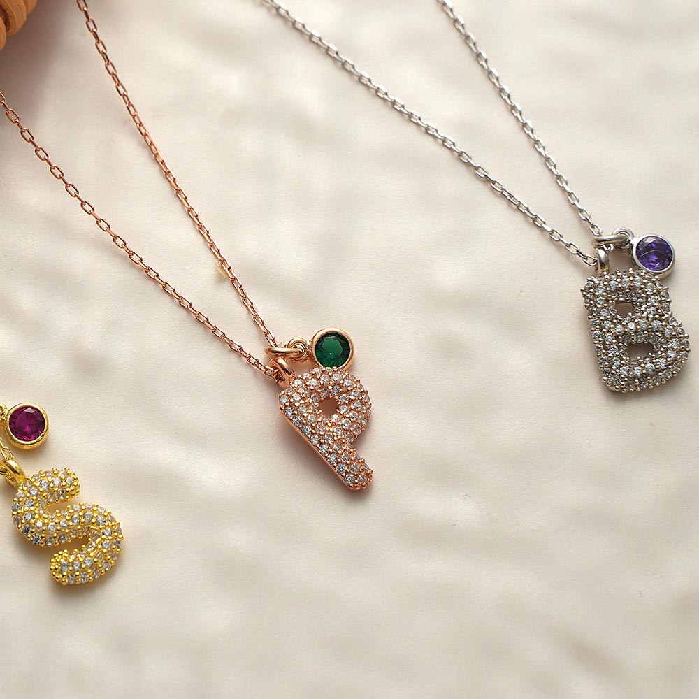 Pave Letter Necklace, Puff Letter Necklace, Zircon Stone 3D Letter Necklace, Birth Stone Letter Necklace, Birthday Gift, Personalized Gift