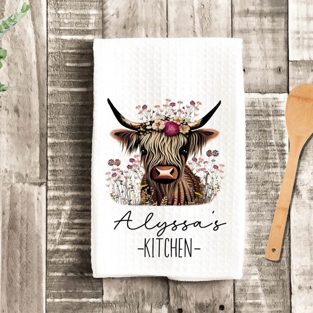 Personalized Highland Cow Dish Towel, Floral Cow Towel Kitchen Decor, New Home Gift Farm Decorations House Decor Towel