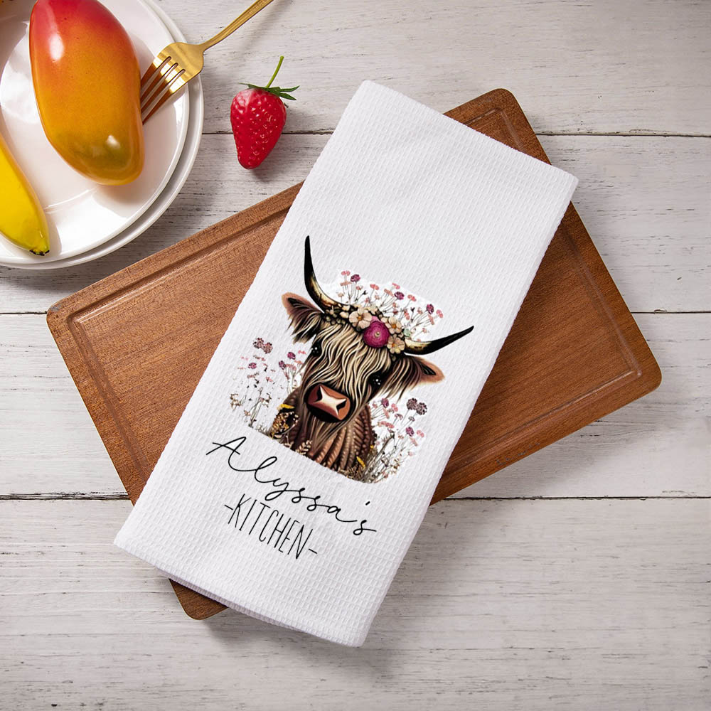 Personalized Highland Cow Dish Towel, Floral Cow Towel Kitchen Decor, New Home Gift Farm Decorations House Decor Towel