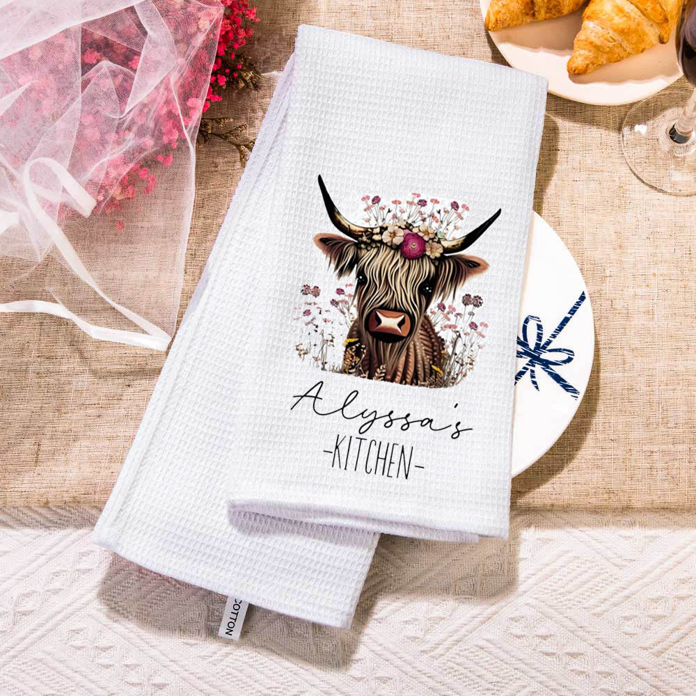 Personalized Highland Cow Dish Towel, Floral Cow Towel Kitchen Decor, New Home Gift Farm Decorations House Decor Towel
