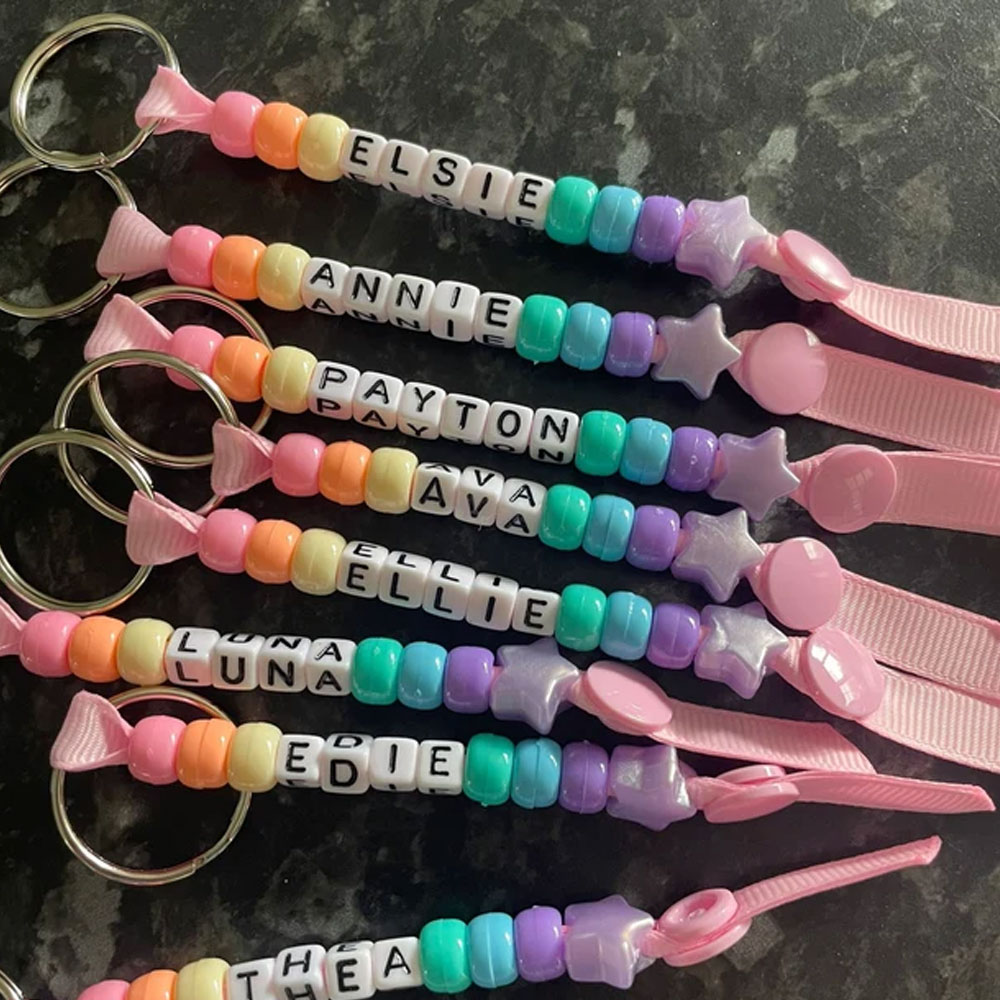 Pastel Multi Colored Keychain, Personalized Beaded Keyring, Handmade, End of Term, School Teacher Class Gift, Book Bag Lunch Bag Name Label