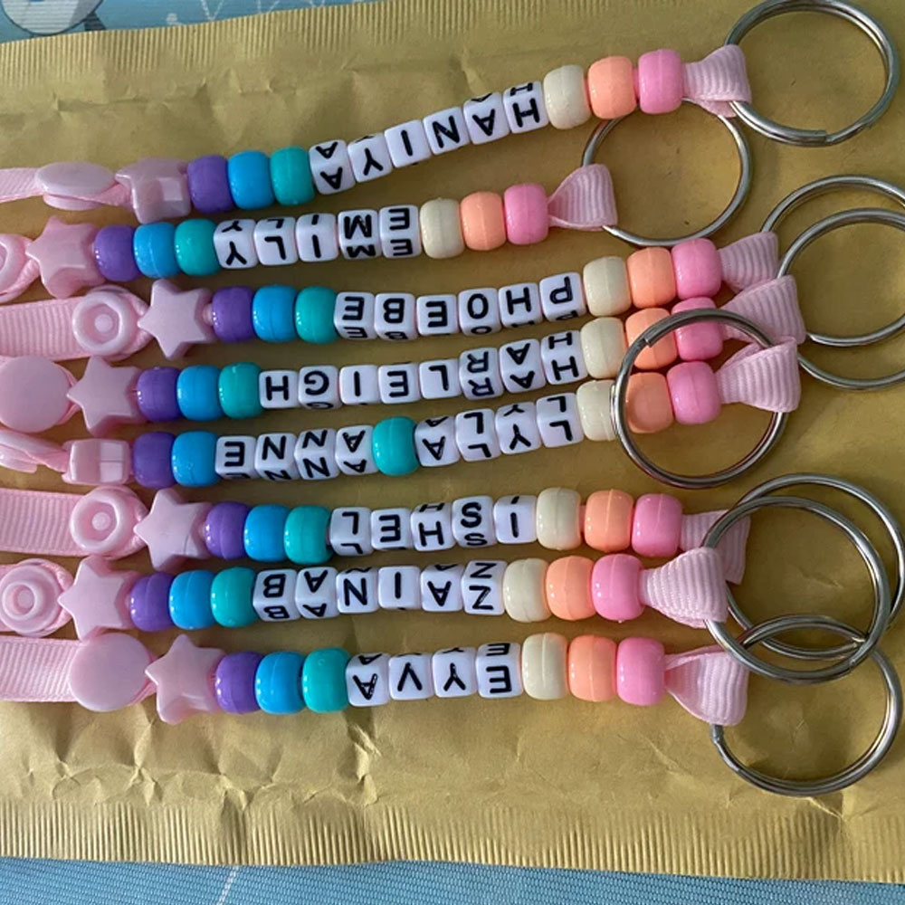 Pastel Multi Colored Keychain, Personalized Beaded Keyring, Handmade, End of Term, School Teacher Class Gift, Book Bag Lunch Bag Name Label