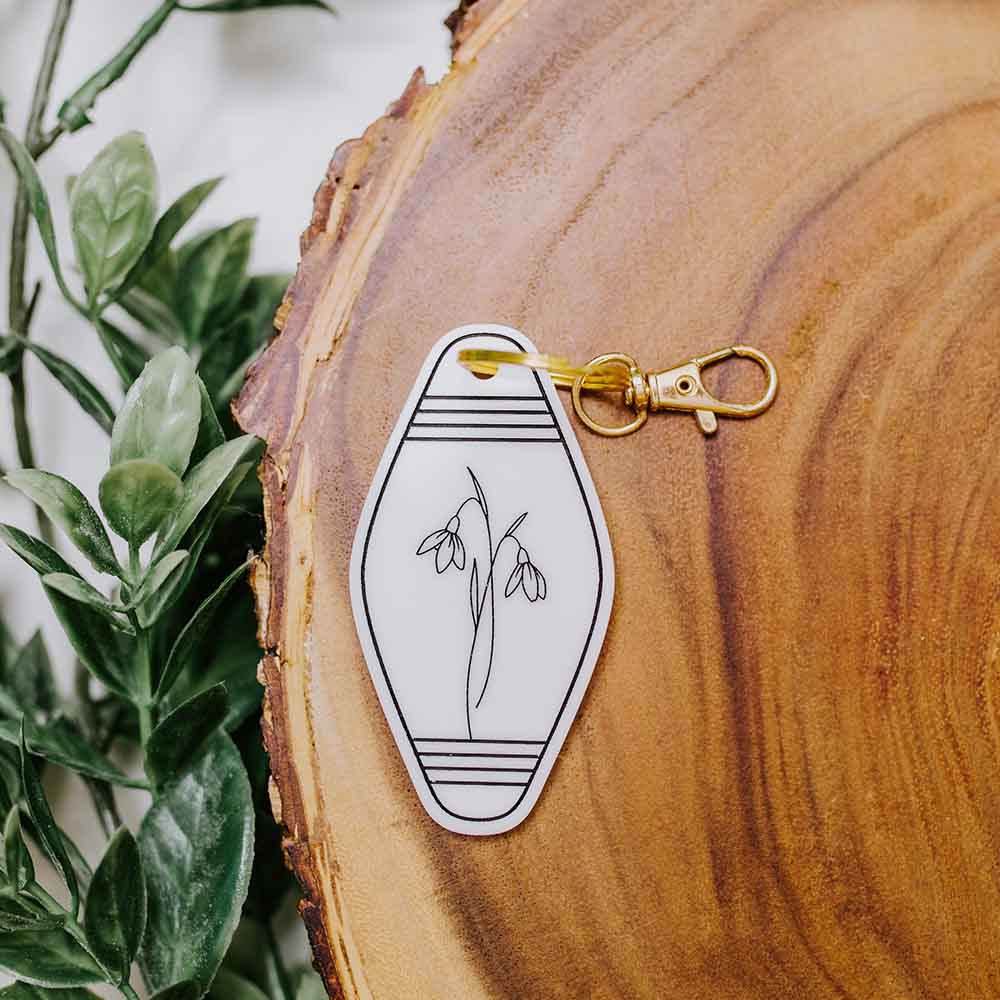 Motel Retro Keychain with Birth Month Flower Engraved, Vintage Style Key Tag, Personalized with Name, Great Add on Gift