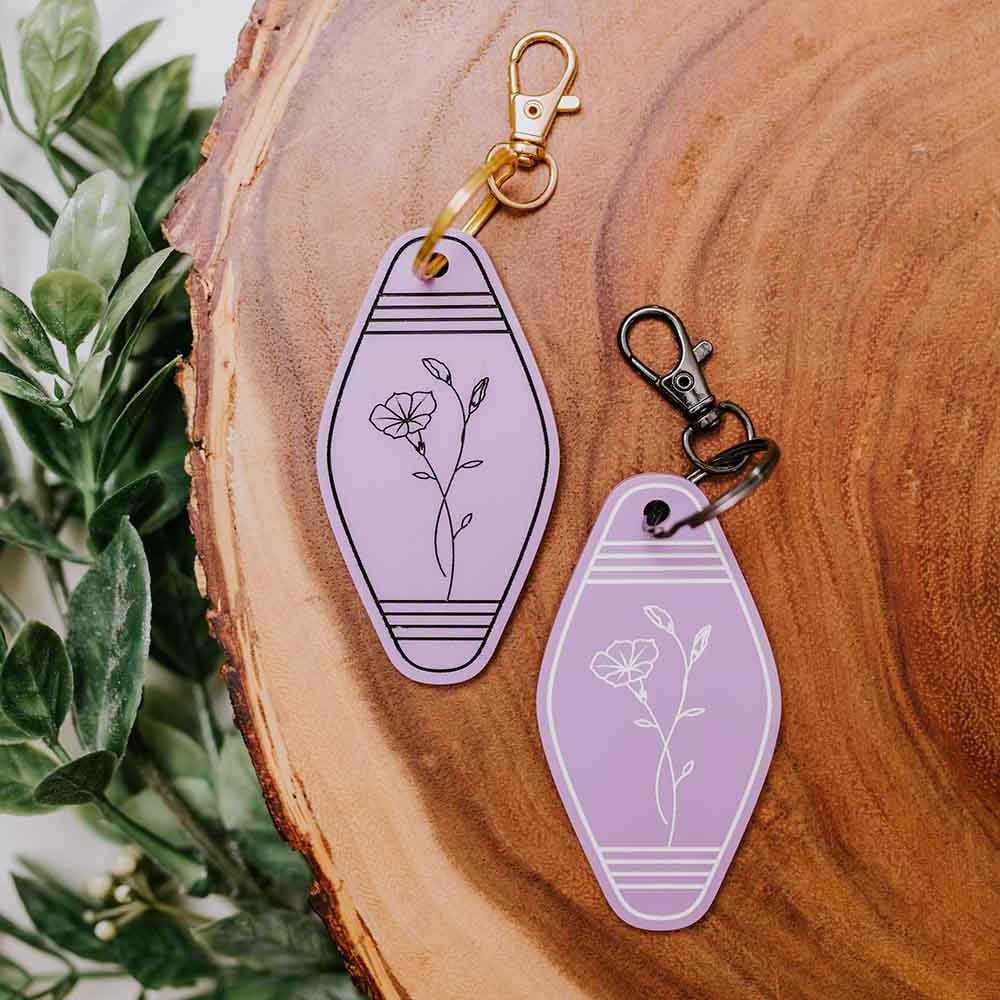 Motel Retro Keychain with Birth Month Flower Engraved, Vintage Style Key Tag, Personalized with Name, Great Add on Gift