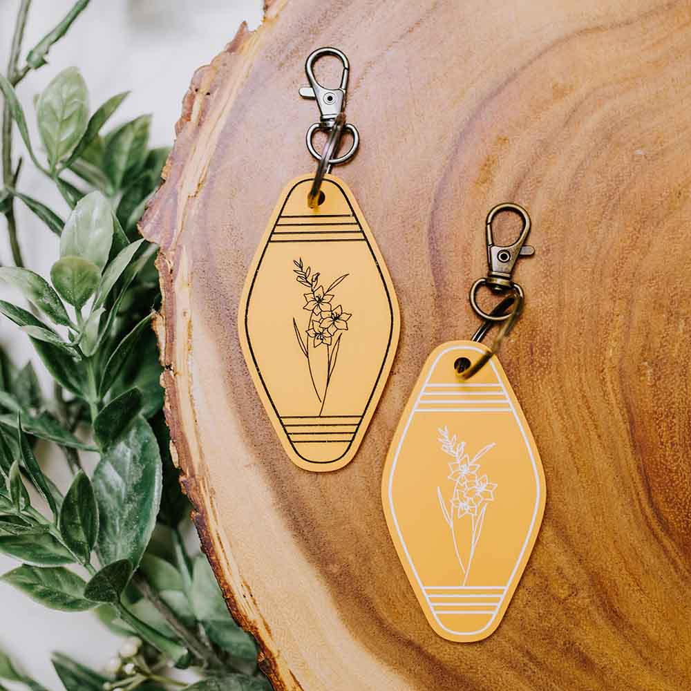 Motel Retro Keychain with Birth Month Flower Engraved, Vintage Style Key Tag, Personalized with Name, Great Add on Gift
