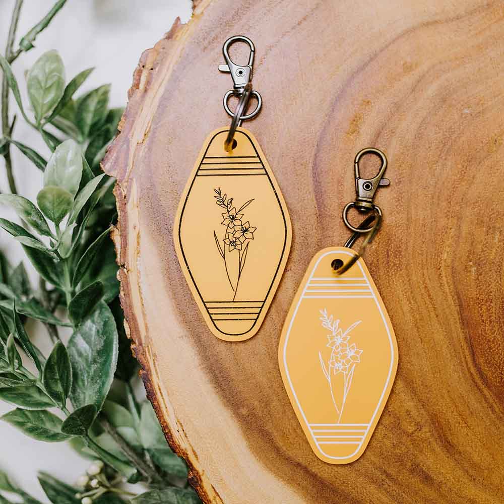 Motel Retro Keychain with Birth Month Flower Engraved, Vintage Style Key Tag, Personalized with Name, Great Add on Gift