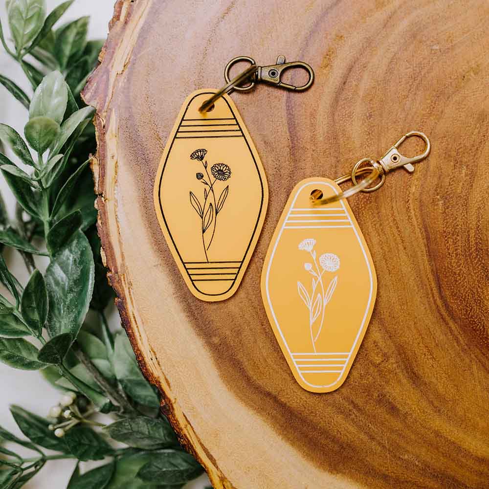 Motel Retro Keychain with Birth Month Flower Engraved, Vintage Style Key Tag, Personalized with Name, Great Add on Gift