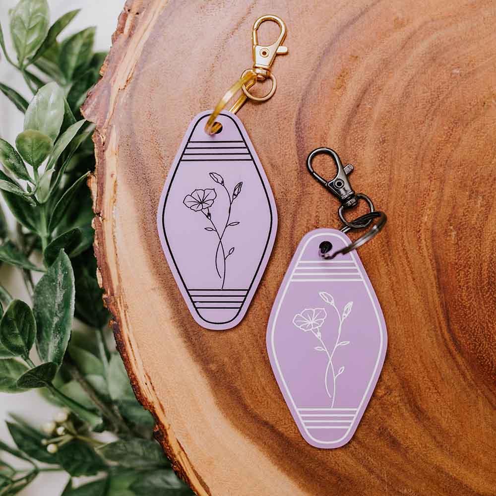 Motel Retro Keychain with Birth Month Flower Engraved, Vintage Style Key Tag, Personalized with Name, Great Add on Gift