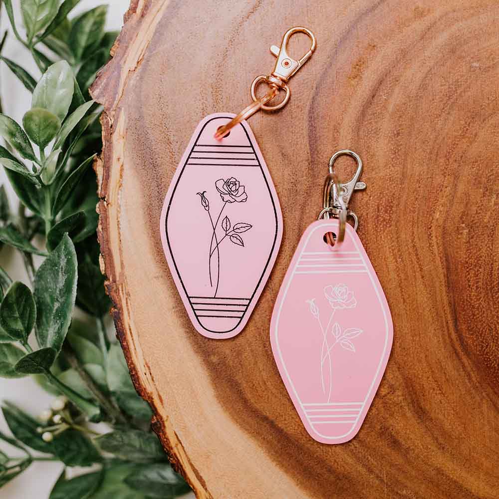 Motel Retro Keychain with Birth Month Flower Engraved, Vintage Style Key Tag, Personalized with Name, Great Add on Gift