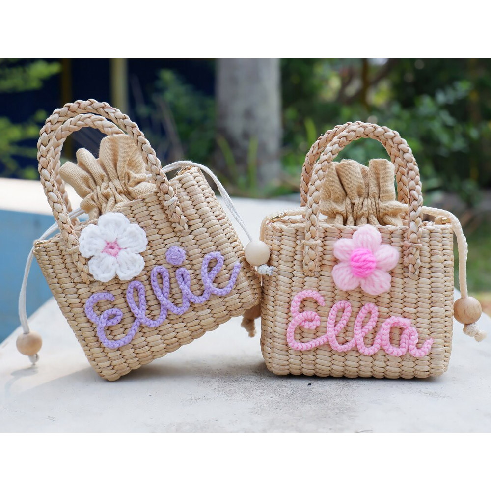 Personalized Kids Straw Bag, Girls Purse, Flower Girl Gift