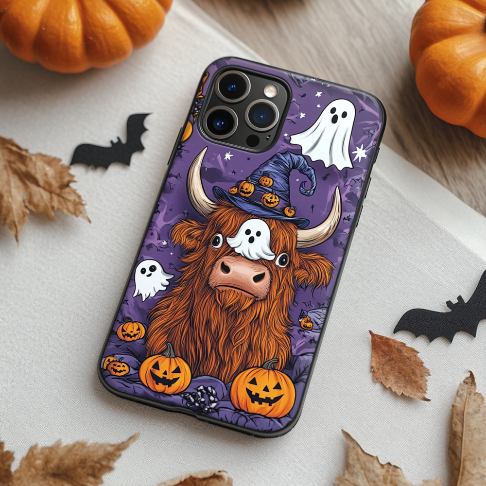 Highland Cow Halloween Case,Cute Spooky Season Design, Multiple Styles Available for iPhone, Samsung Galaxy, Google Pixel, Xiaomi