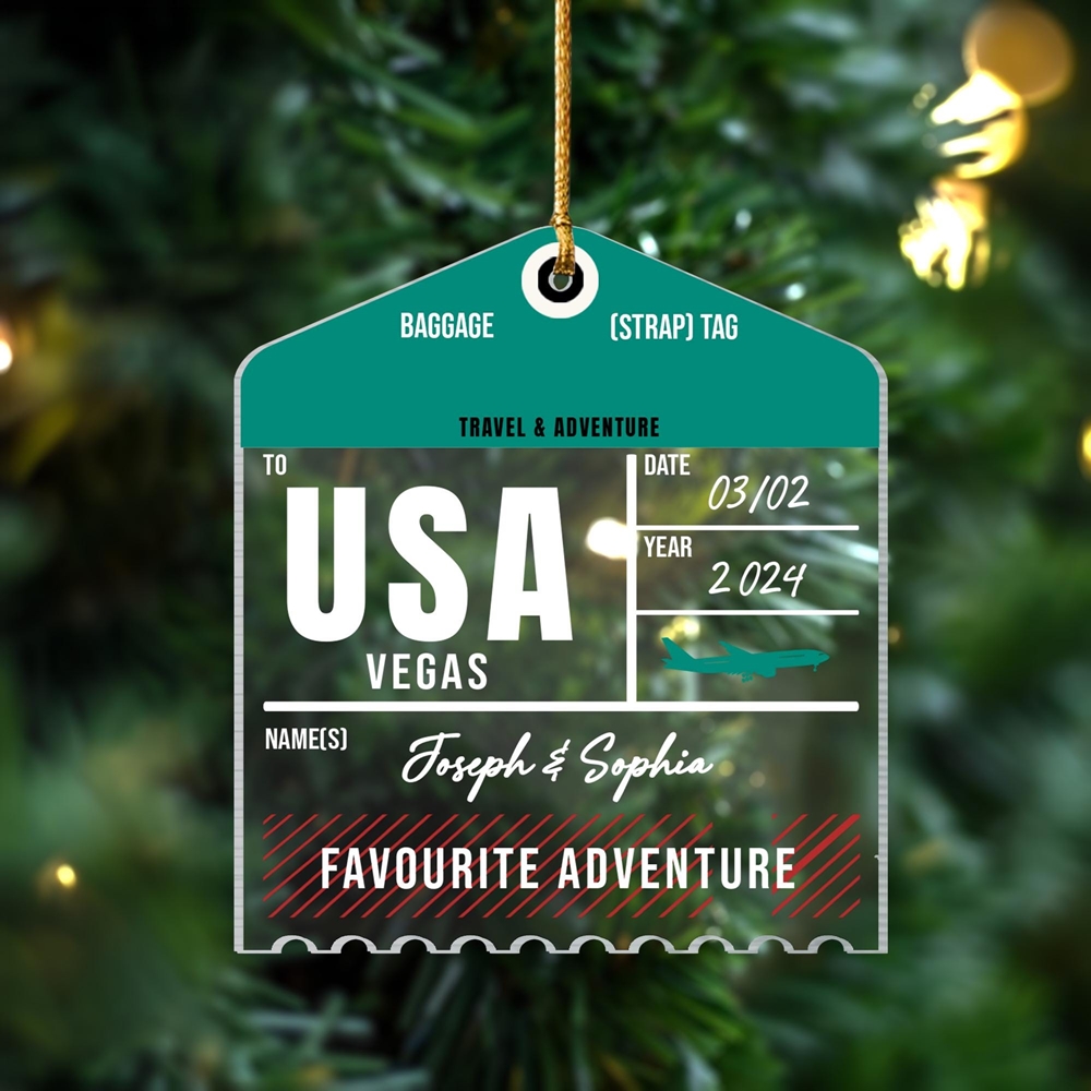 Personalized Wooden or Acrylic Luggage Tag Travel Christmas Ornament, Custom Name and Trip Ornament, Journey Travel Lover Xmas Gift 2024